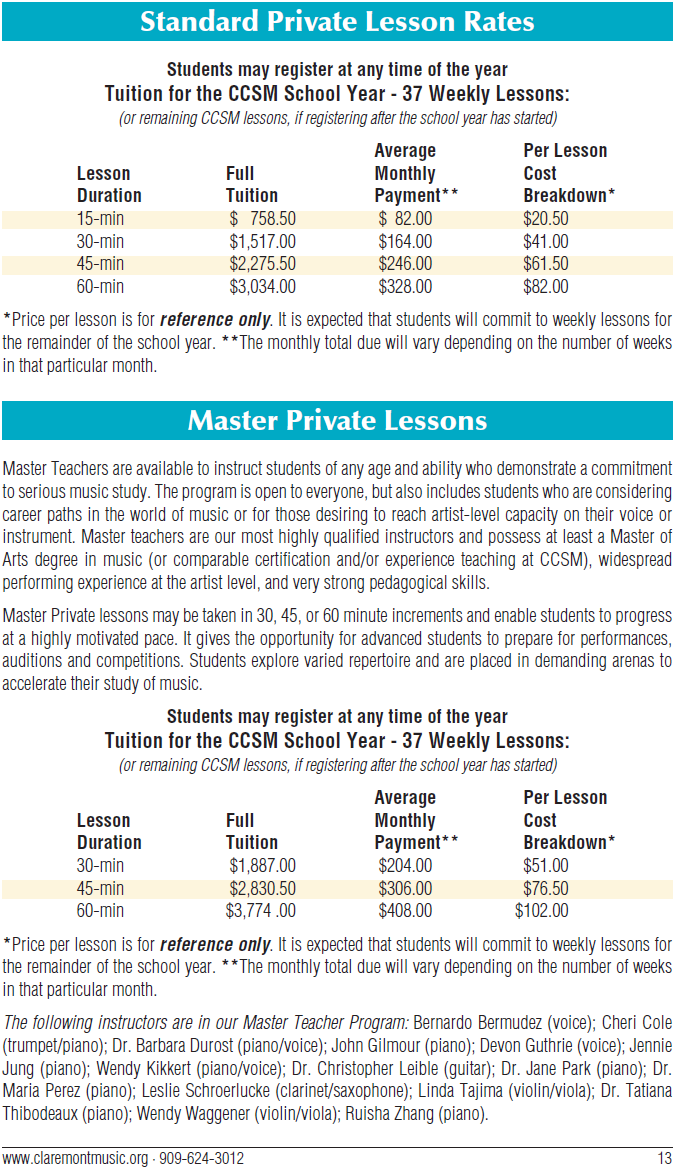 Claremont Community School of Music Tuition Rates